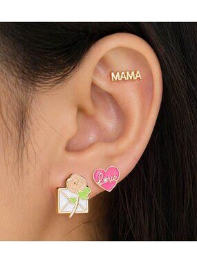 Tigerstars 3Pairs - MAMA Enamel love Heart Flower Letter Stud Earrings